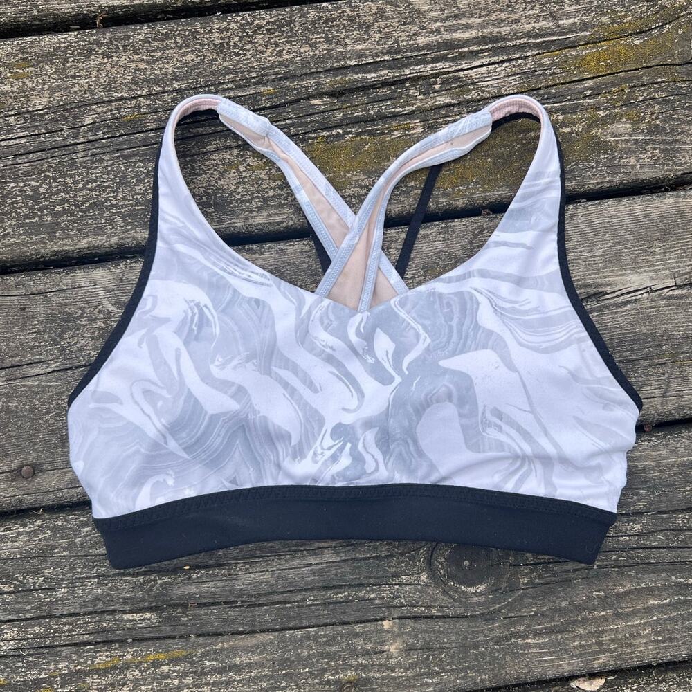 Athleta‎ Marble Print Sports Bra Pink Black Strappy Back Women's XXS